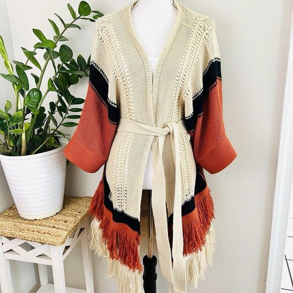 Cato Sweaters - Cato XL Boho Fringe Cardigan Belted Colorblock Rust Cream Black